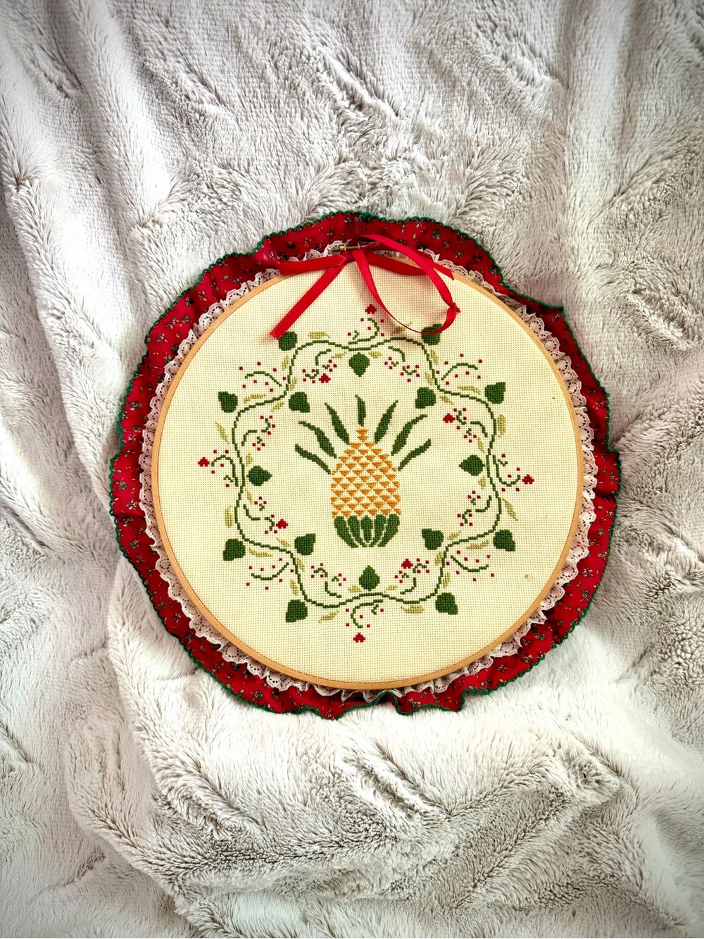 Handmade Pineapple Cross-Stitch Wall Hanging - Red and Green
